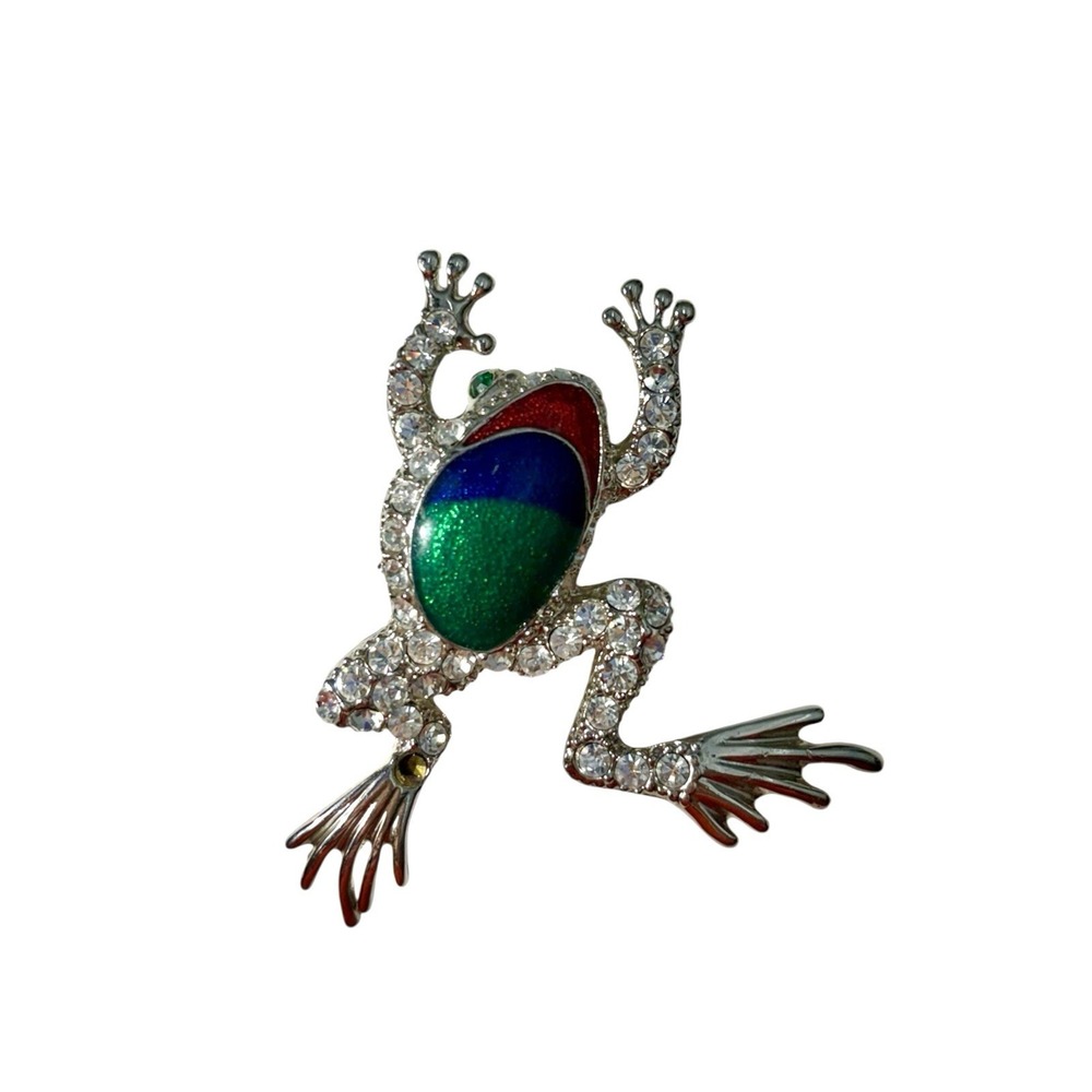 Vintage Silver Tone Rhinestone Multicolor Sparkly Enamel Frog Brooch Pin